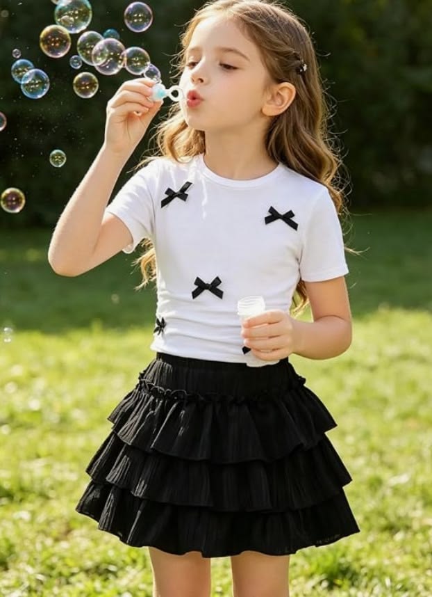 kid in elastic waist skirts with basic top as easy outfit ideas for busy school morning