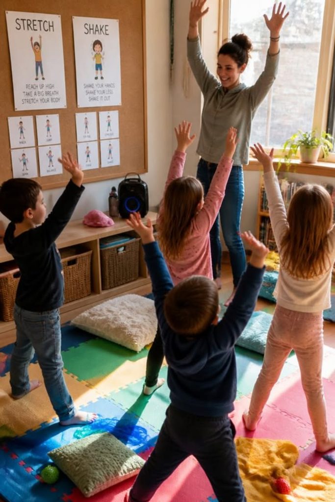 kids singing and dancing with their teacher 
