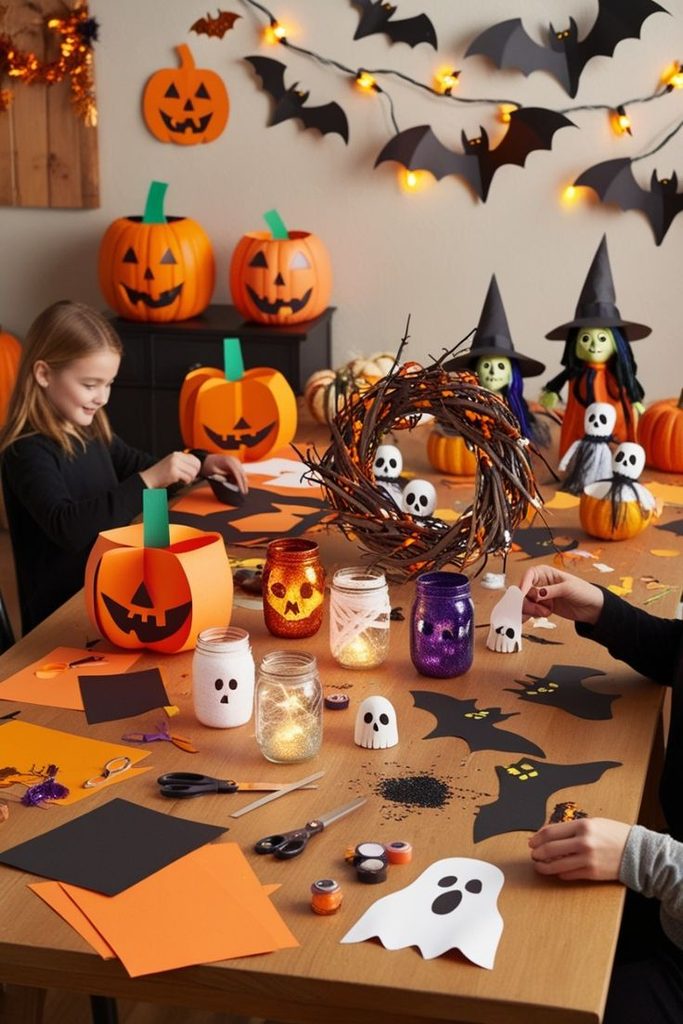 kids crafting in halloween craft station