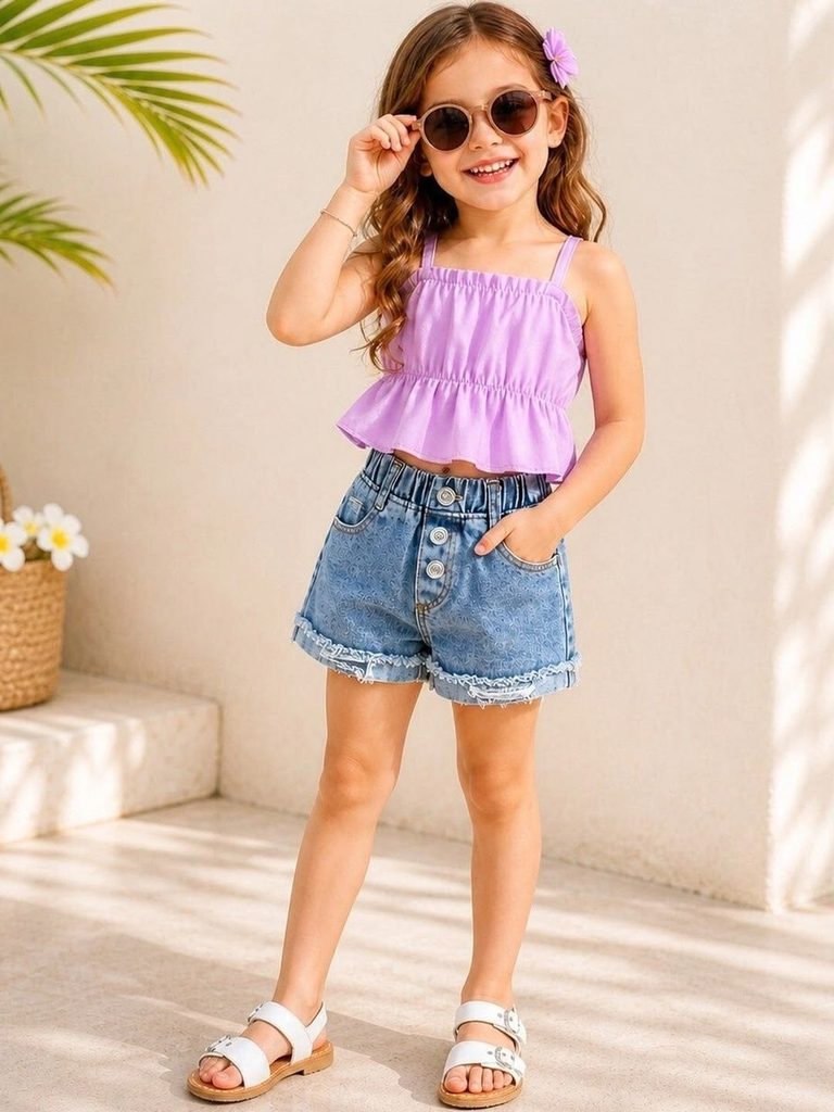 kid in Jean Shorts with a Ruffled Top