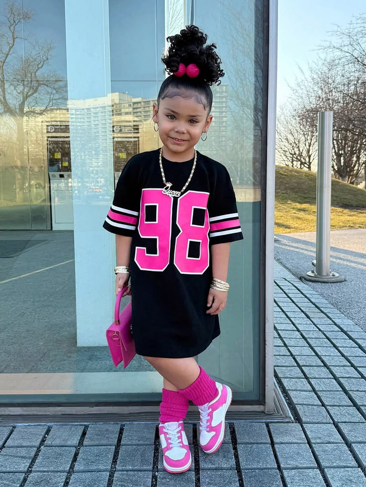 kid in jersey dress with sneakers as casual outfit ideas for kids