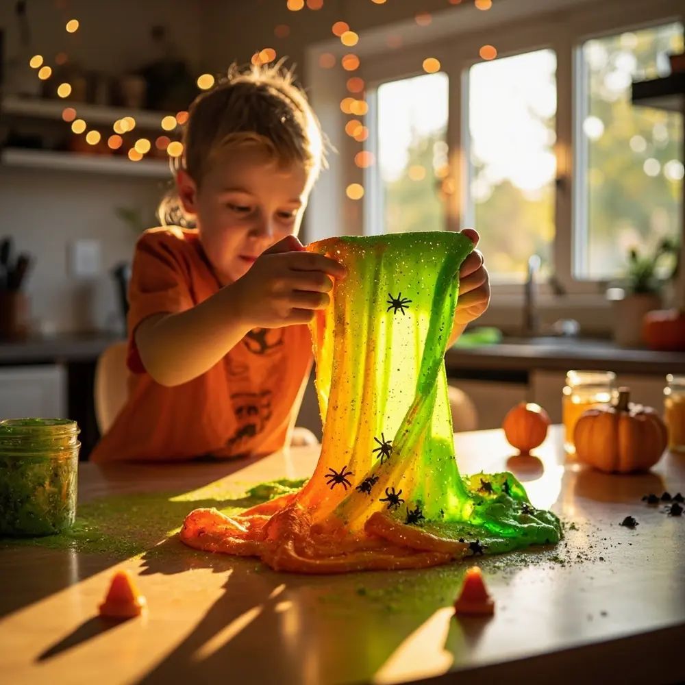 kids making halloween slime