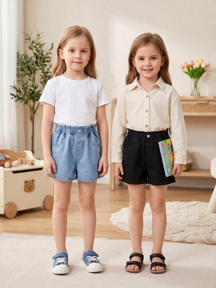 kids in matching denim shorts and different tops