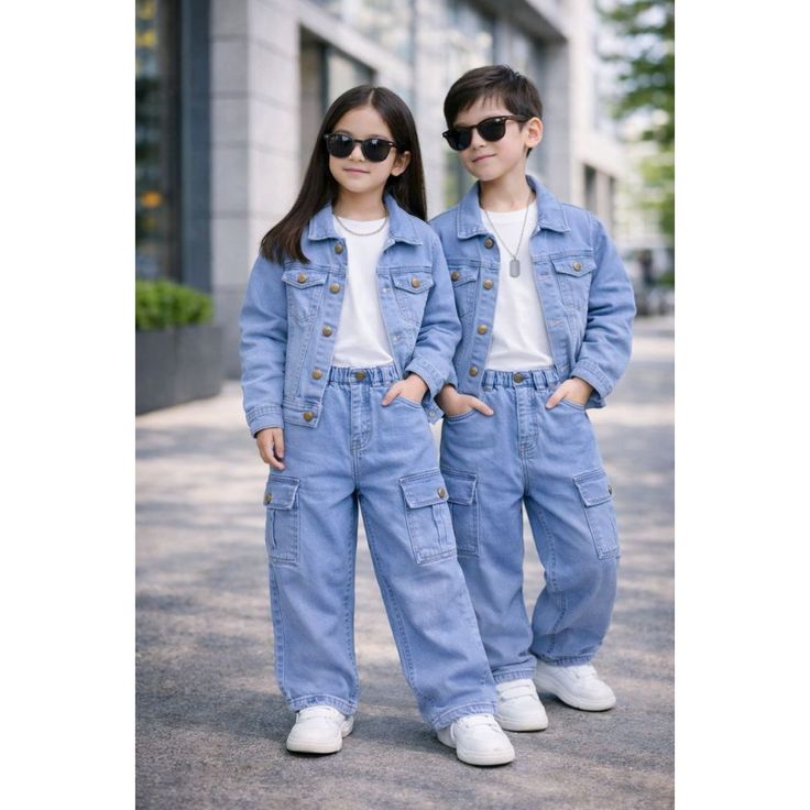kids in matching denim on denim as matching outfit ideas for sibblings