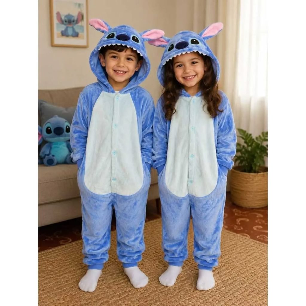 kids in matching fleece onesies
