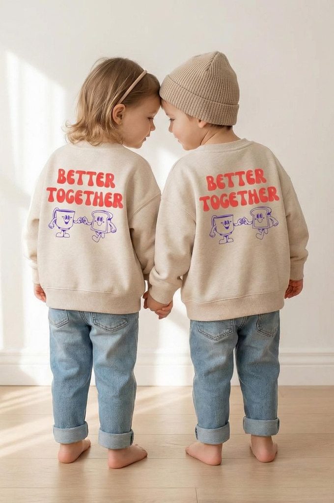kids in matching graphic sweatshirts