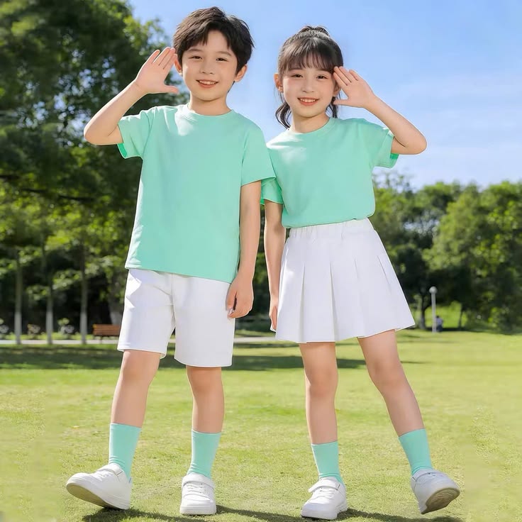 kids in matching solid color tee as matching outfit ideas for siblings