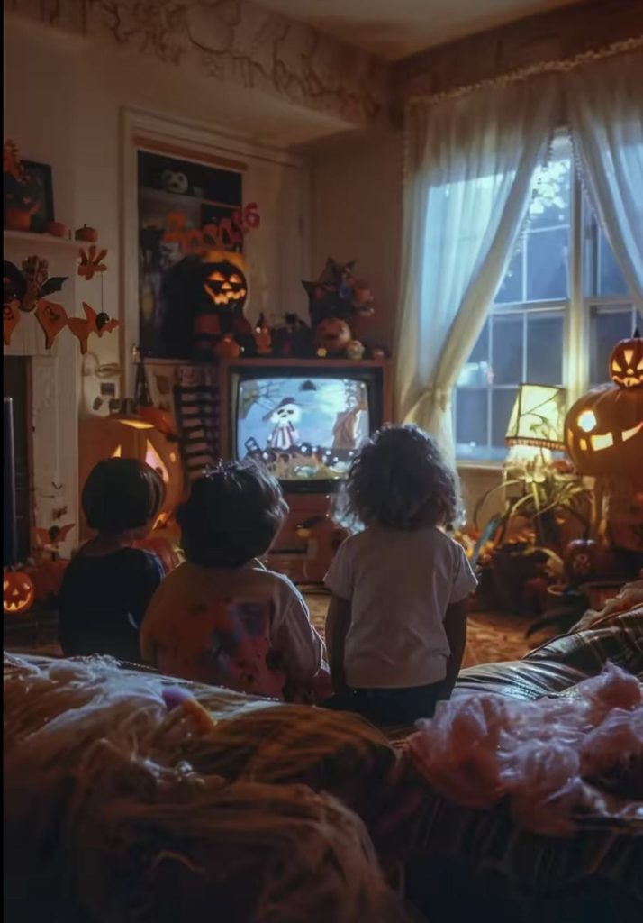 kids watching halloween movie as one of the halloween activities for kids who don't like being scared
