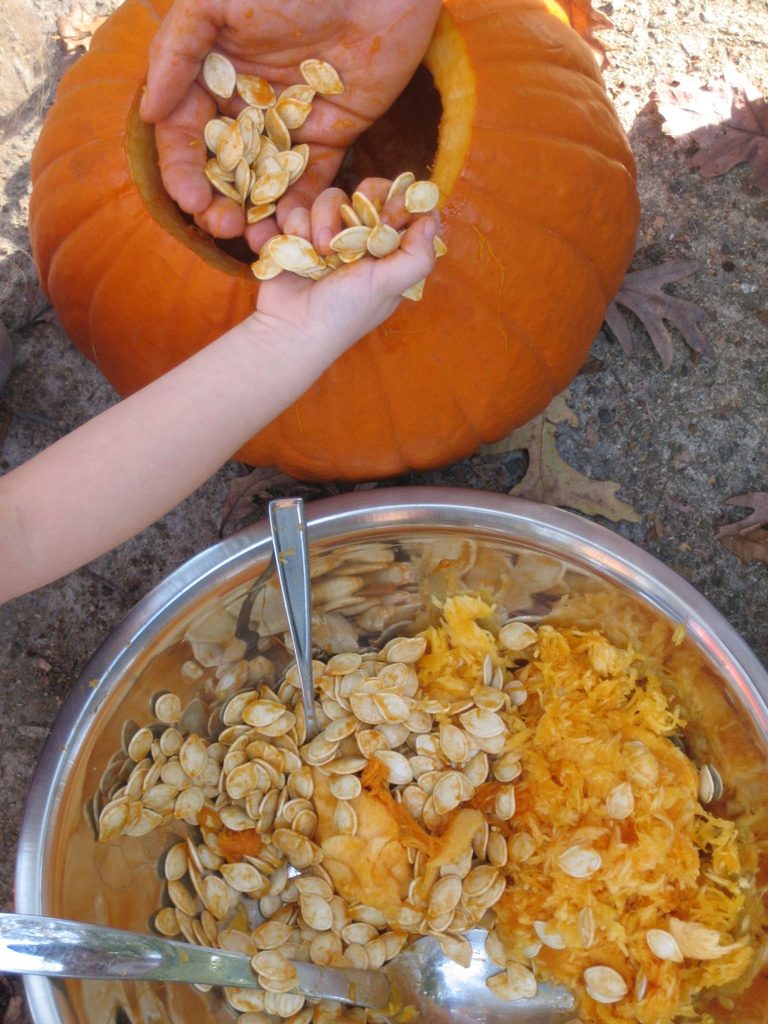 mom and selecting pumpkin seed as halloween traditions for kids