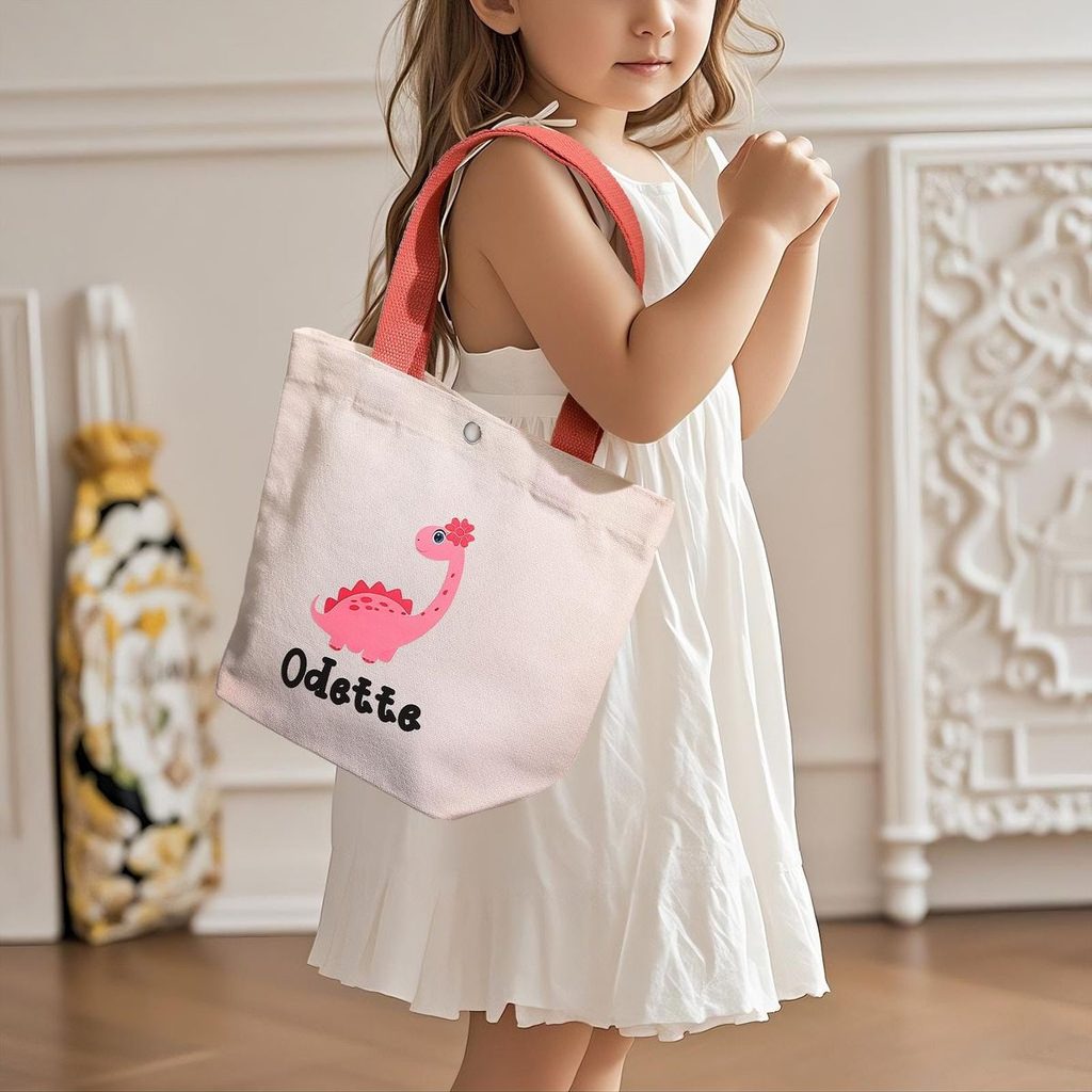 kid in personalized canvas tote bag