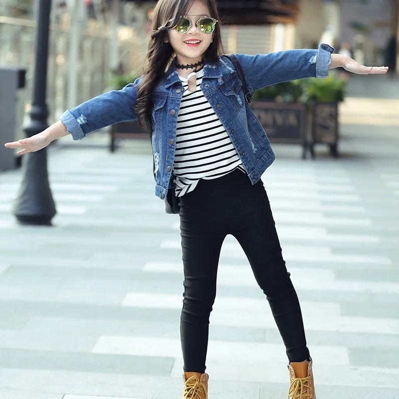 kid in Skinny Jeans with a Denim Jacket and Striped Tee