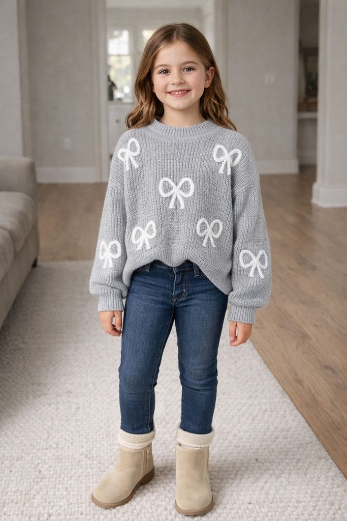 kid in skinny jeans with an oversized sweater as jeans outfit ideas for little girls