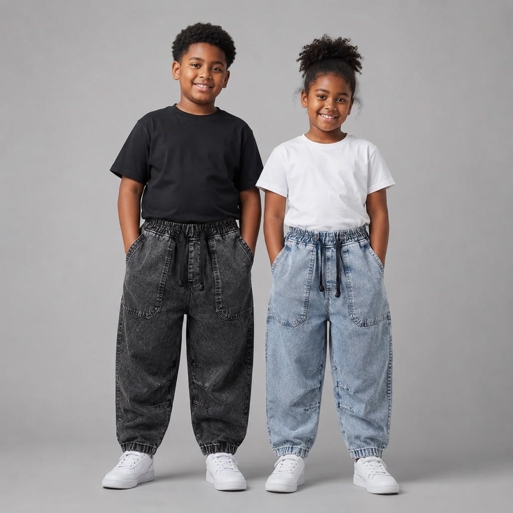 kids in soft cotton tee with denim joggers as everyday outfits for kids