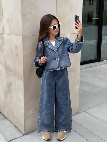 kid in a straight leg jeans with a denim jacket