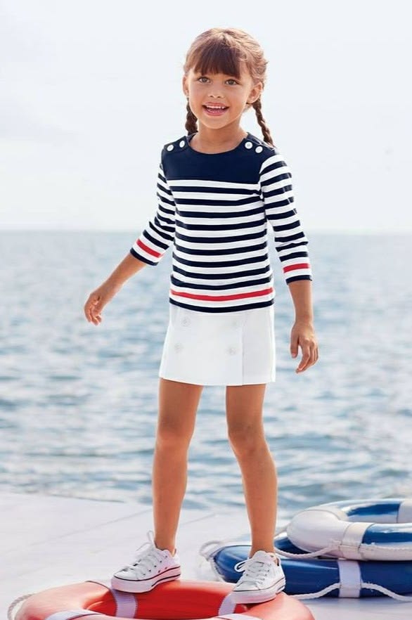 kid in striped Breton top as trendy outfits for girls