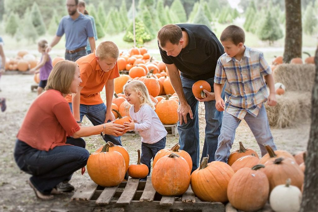 family visiting pumpkin patch