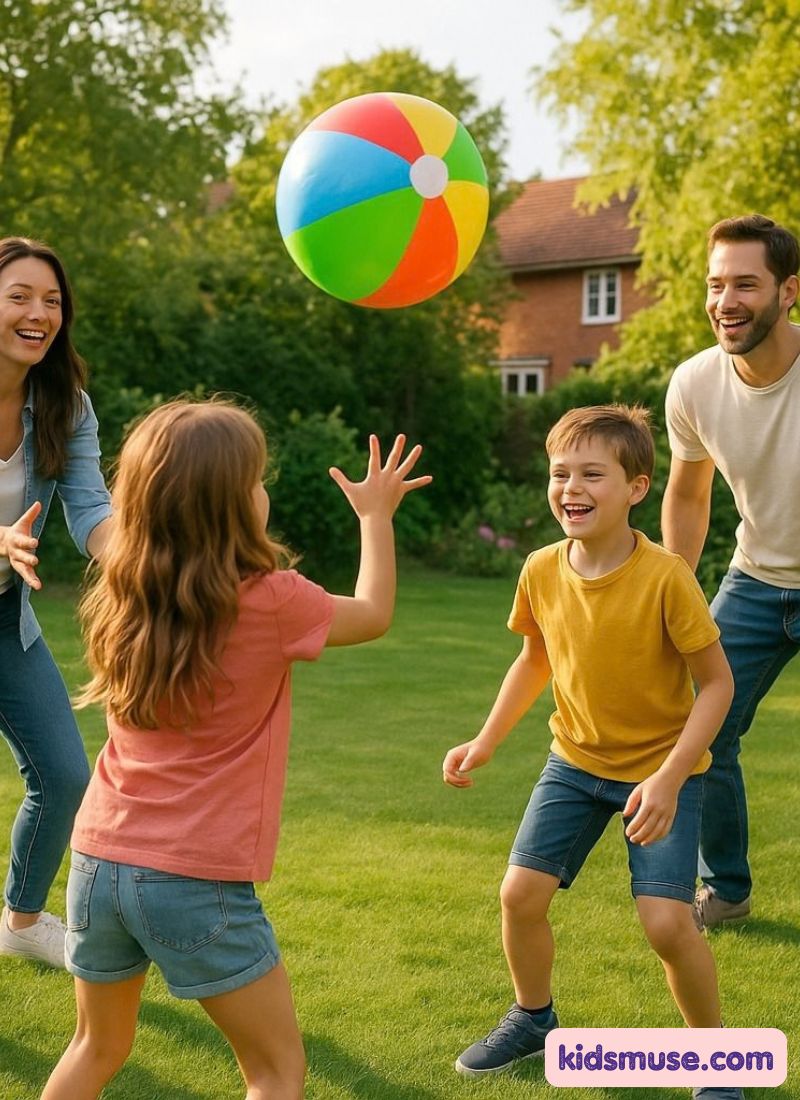 family playing backyard ball game together