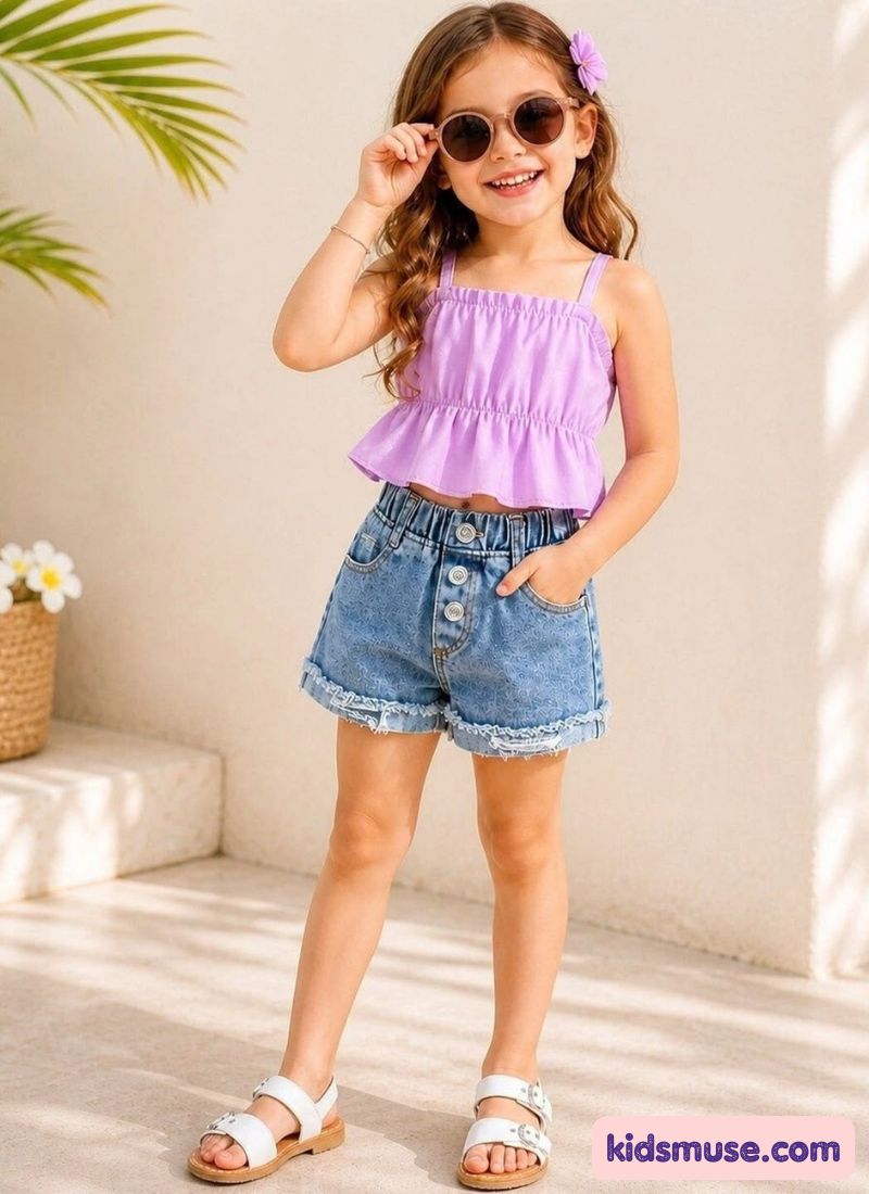 kid in jean shorts and a ruffled top