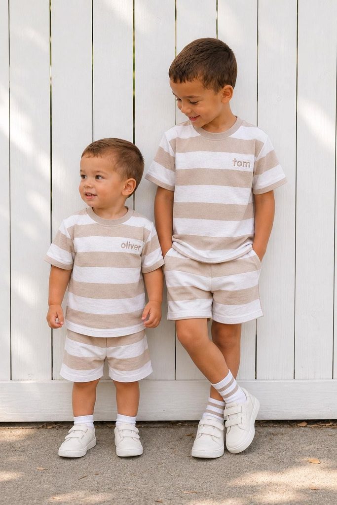 siblings in a matching outfits