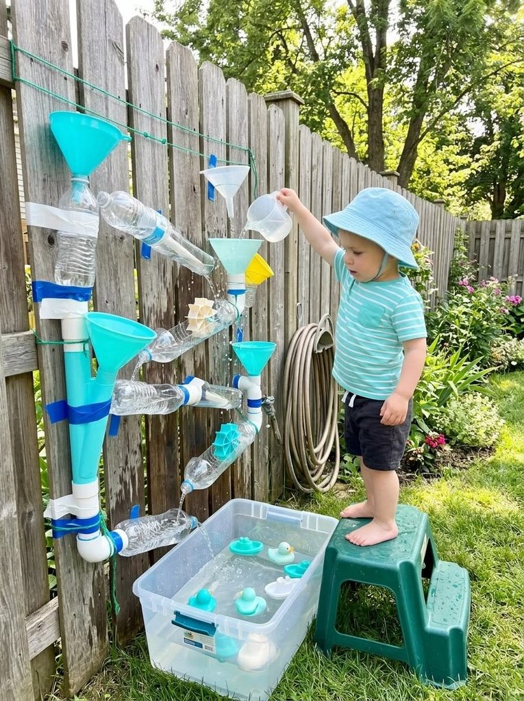 toddler filling water in a cup water fall