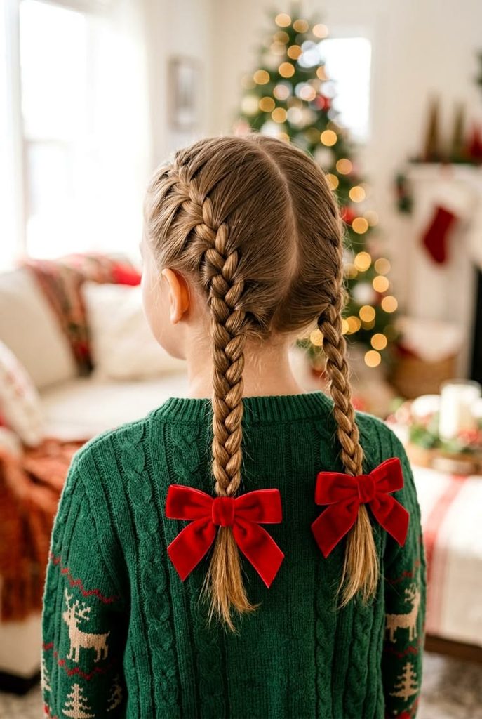 kid with double dutch braids with bows as Christmas hairstyles for little girls