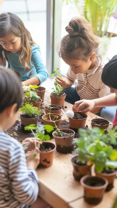 kids growing a fast seeds in pots